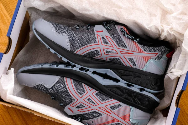 Tambow Russische Föderation November 2020 Neue Graue Asics Laufschuhe Einer — Stockfoto