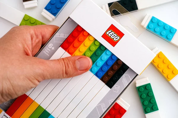 Tambov Rusia Noviembre 2020 Lego Box Colour Gel Pens Person — Foto de Stock