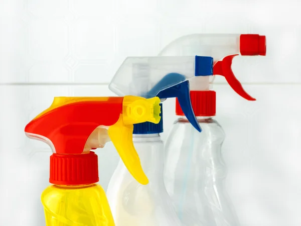 Top of bottles with cleaning products — Stock Photo, Image