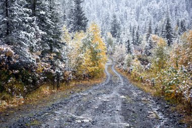 İlk sonbahar kar ve dağlarda kırsal yol