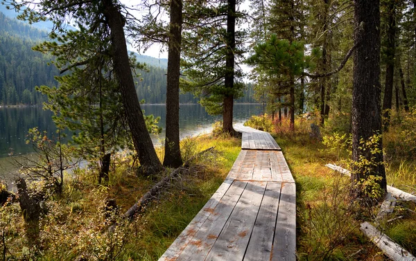 Holzpromenade entlang des Sees in den Bergen — Stockfoto