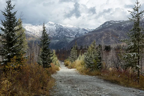 Prima neve autunnale e strada rurale in montagna — Foto Stock