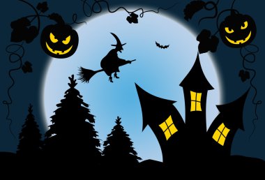 Full moon mavi cadı - illüstrasyon ile Cadılar Bayramı gecesi