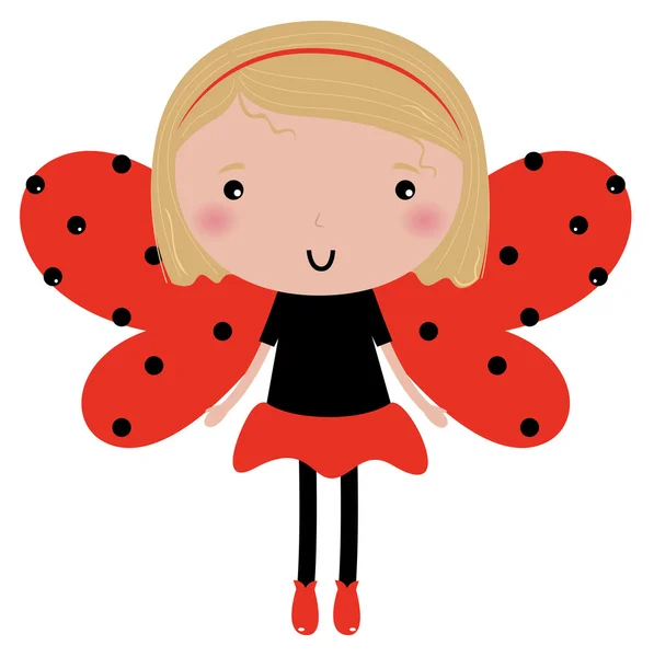 Mooi Ladybug meisje met rode gestippelde vleugels geïsoleerd op wit — Stockvector