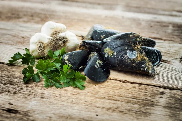 Syrové mušle česnek a petržel na starý dřevěný stůl — Stock fotografie