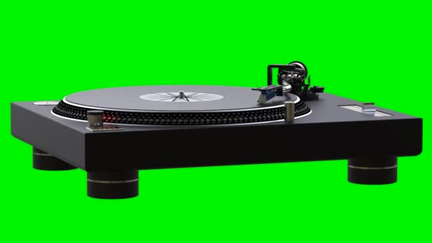 Draaitafel spinning vinyl records op groene chroma key achtergrond — Stockvideo