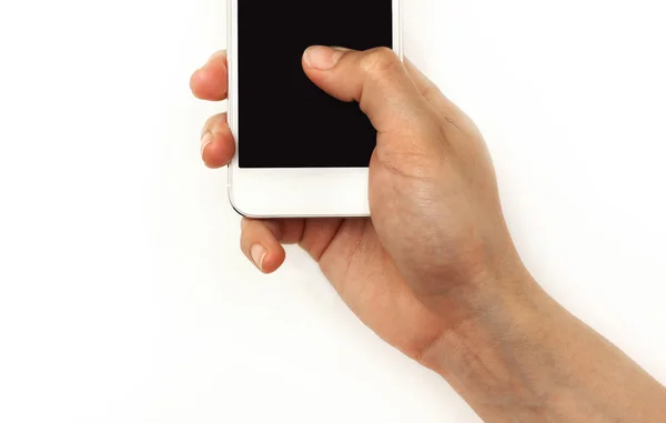 Mão segurando telefone celular, pressionando com o polegar na tela, isolado — Fotografia de Stock