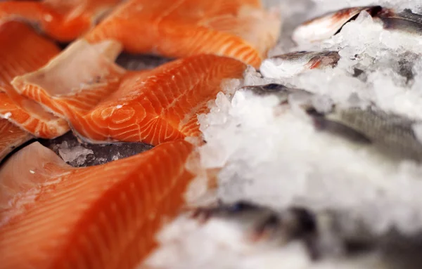 Salmon steaks on ice, on display in fish store — Stock Photo, Image