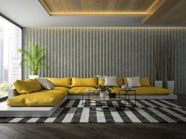 İç sarı kanepe 3d render ile modern tasarım odası