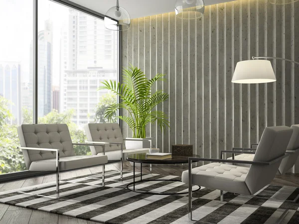 Интерьер комнаты современного дизайна с белыми креслами 3D рендерин — стоковое фото