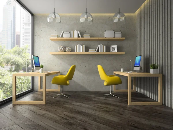 Intérieur du bureau moderne avec deux fauteuils jaunes rendu 3D — Photo