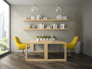 İç modern tasarım ofisi ile iki tablo 3B oluşturma