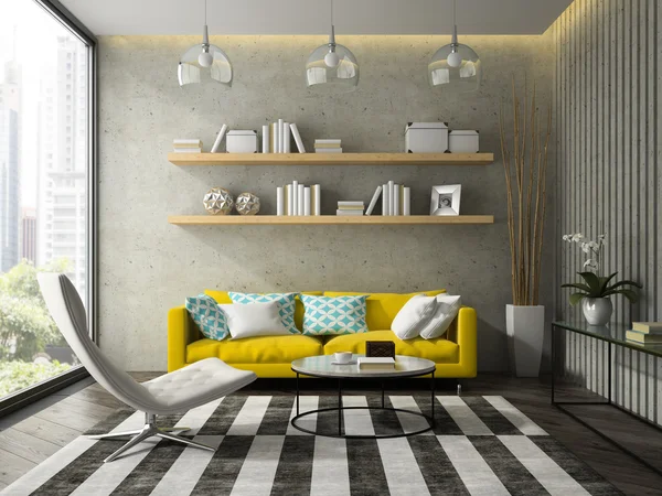 Interior da sala de design moderno com sofá amarelo 3D renderização — Fotografia de Stock