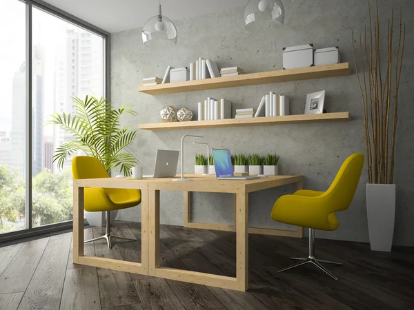 Interior of modern office with two yellow armchair 3D rendering — Stock Photo, Image