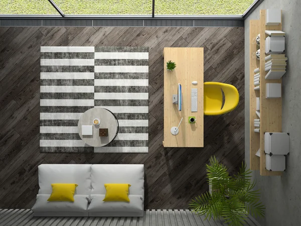 Interior of the office with yellow armchair top view 3D renderin — Stock Photo, Image