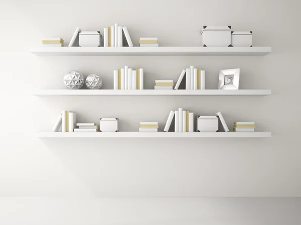 Parte de color blanco Interior con estante de libros 3D renderizado —  Fotos de Stock