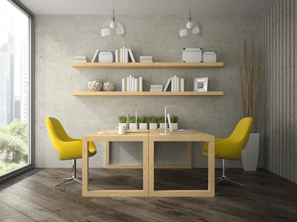 2 つのテーブル 3 d レンダリングとモダンなデザイン オフィスのインテリア — ストック写真