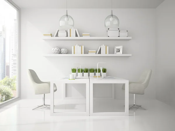 Interior do escritório de design moderno cor branca 3D renderização — Fotografia de Stock