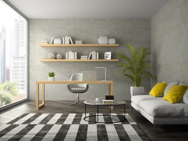 Interno di un ufficio di design moderno con divano bianco rendering 3D — Foto Stock