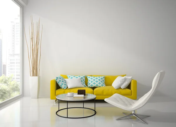 Interior of modern white room with yellow sofa  3D rendering