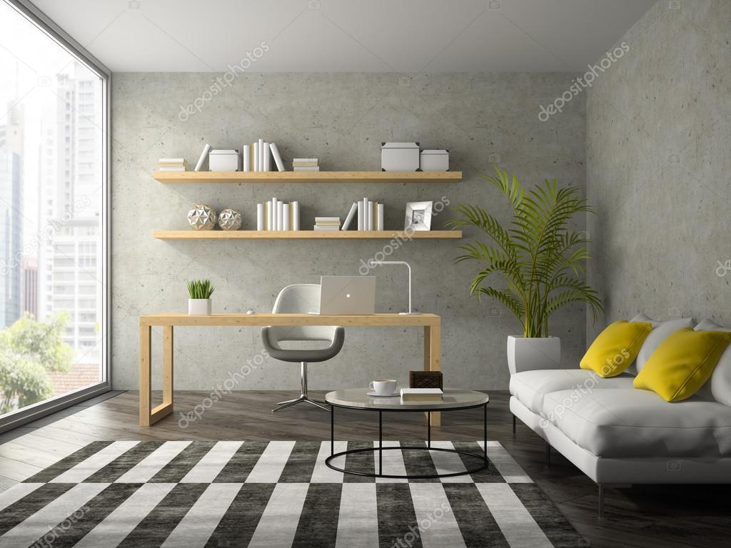 Interieur van modern ontwerpbureau met witte Bank 3D-rendering ... Interieur van modern ontwerpbureau met witte Bank 3D-rendering ...