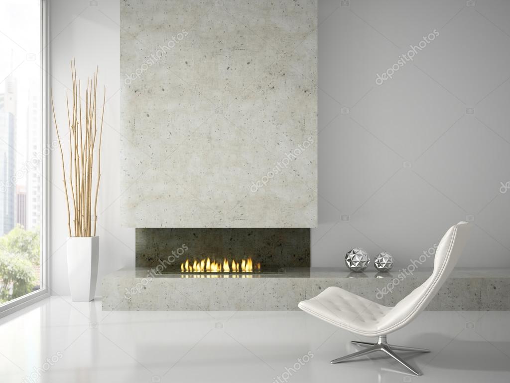 Interior of clean white room with fireplace 3D rendering