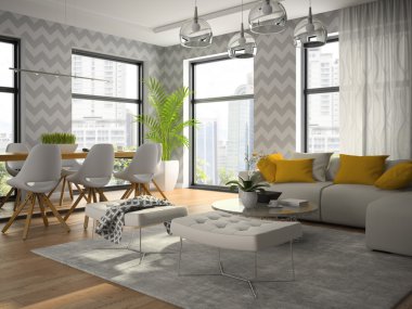 İç gri duvar kağıdı 3d render ile modern tasarım odası