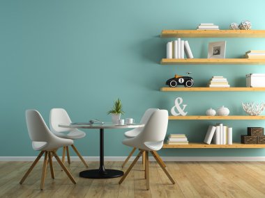 Beyaz sandalye ve raf 3d render ile iç kısmını 3
