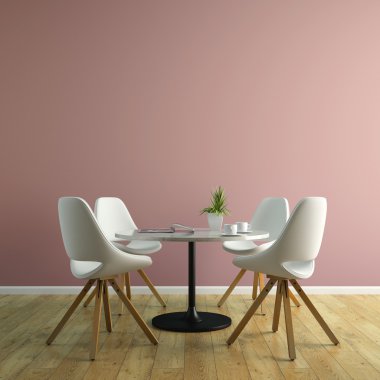 Beyaz sandalye ve masa 3d render ile iç parçası