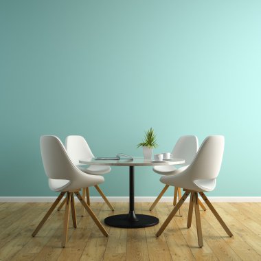 Beyaz sandalye ve masa 3d render ile iç parçası