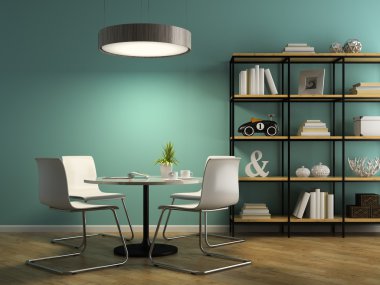 Beyaz sandalye ve raf 3d render ile iç parçası 2