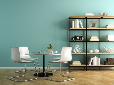 Beyaz sandalye ve raf 3d render ile iç parçası