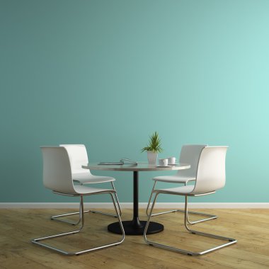 Beyaz koltuklar ve masa 3d render ile birlikte iç parçası