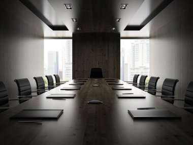 Siyah koltuklar 3d render ile modern boardrooml Interiopr