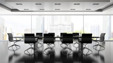 Boardrooml siyah koltuklar 3d render ile Interiopr