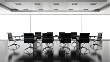 Boardrooml siyah koltuklar 3d render ile Interiopr