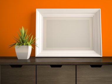 Beyaz bir çerçeve ve turuncu duvar 3d render ile iç parçası