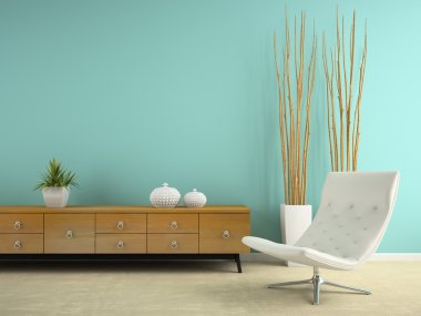 Beyaz koltuk ve mavi duvar 3d render ile iç parçası
