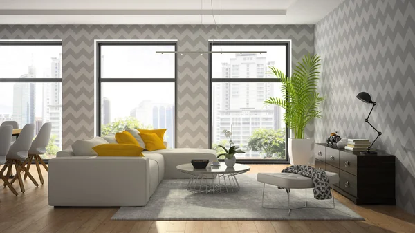 Interior of modern design room with grey wallpaper 3D rendering — Stock Photo, Image