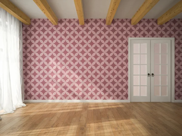 Interiér prázdná místnost s vínová tapety a dveře 3d renderi — Stock fotografie