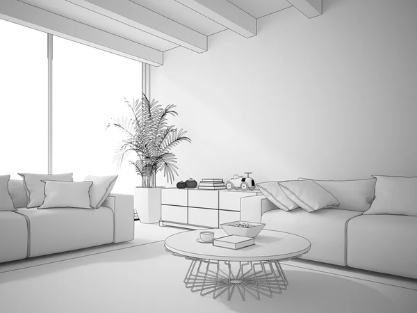 Interiér obývacího pokoje nakreslit 3d vykreslování — Stock fotografie