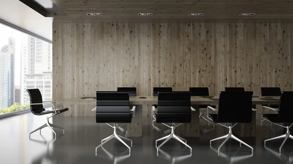 Interior da sala de reuniões com parede de madeira 3D renderização — Fotografia de Stock