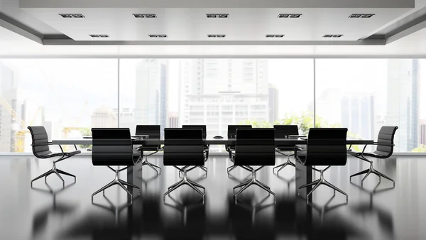 Interiopr de salle de réunion avec fauteuils noirs rendu 3D — Photo