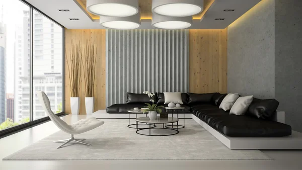 Interior da sala de estar com poltrona branca 3D renderização — Fotografia de Stock