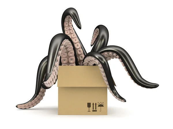Beyaz arka plan üzerinde izole bir karton kutu içinde siyah tentacles — Stok fotoğraf