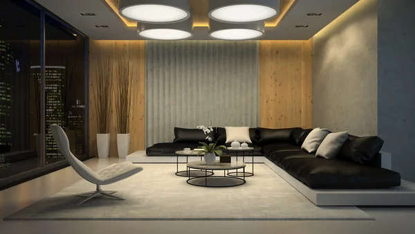 Interior de la sala de estar vista nocturna 3D renderizado — Foto de Stock