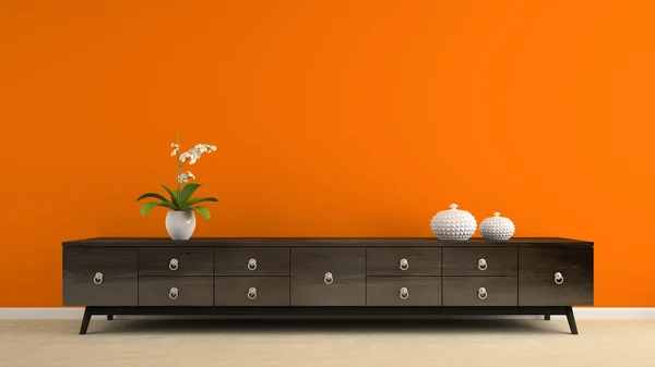 Parte del interior con retro consol y pared naranja 3D renderizado —  Fotos de Stock
