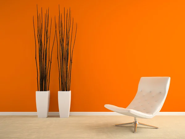 Parte del interior con sillón y jarrones y pared naranja rend 3D — Foto de Stock