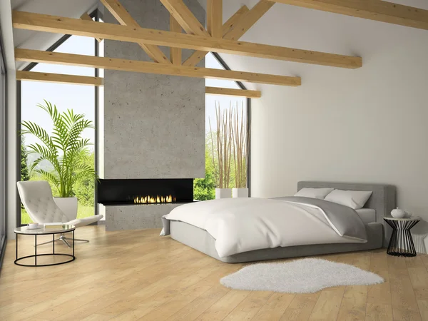 Interior del dormitorio con chimenea Representación 3D — Foto de Stock