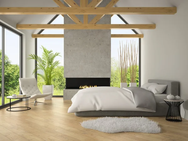 Interiör av sovrum med öppen spis 3d-rendering 2 — Stockfoto